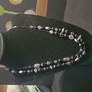 Corded Black, Silver, and Clear Beaded Drop Choker